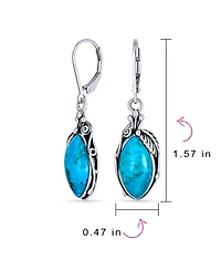 Bling Jewelry Style Natural Stabilized Blue Turquoise Marquise Shaped Leaf Feather Dangle Earrings Lever back Oxidized Sterling Silver