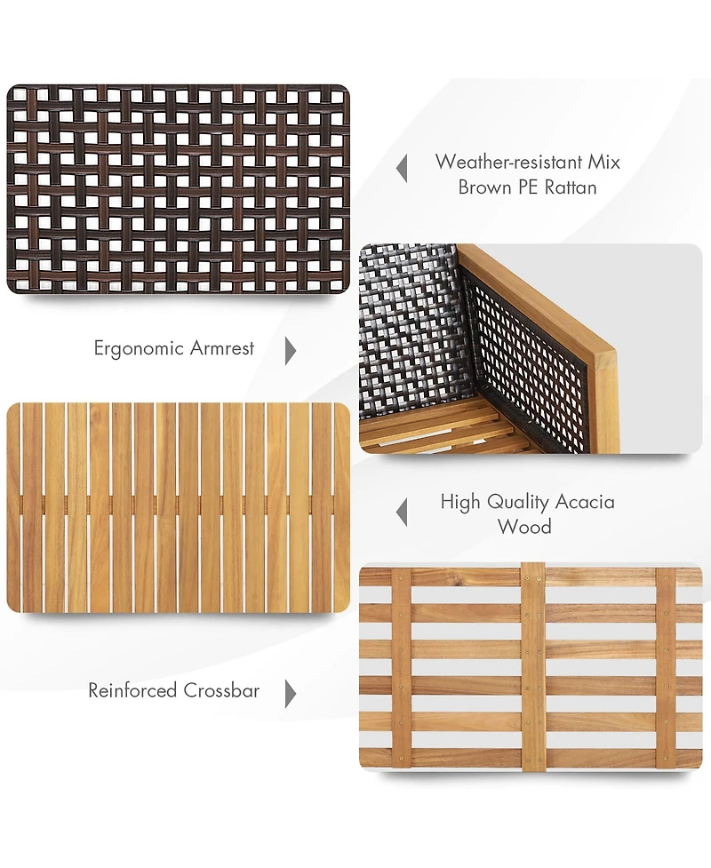 Gymax 4PCS Patio Acacia Wood Furniture Set Pe Rattan Conversation Set w/ Grey Cushions