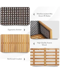 Gymax 4PCS Patio Acacia Wood Furniture Set Pe Rattan Conversation Set w/ Grey Cushions