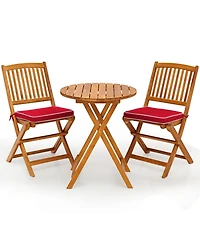 Gymax 3PCS Folding Acacia Wood Bistro Set Patio Conversation Set w/ Red Cushions