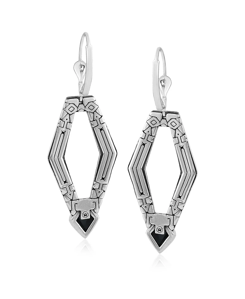 American West Jewelry Sterling Silver and Geometric Shape Black Agate Gemstone Lever Back Earrings