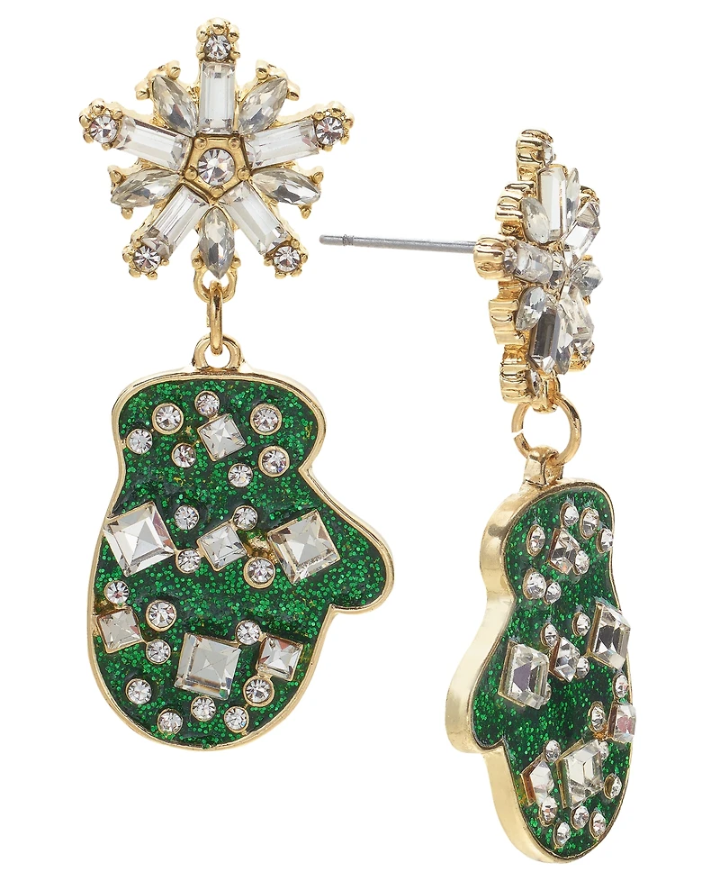 Holiday Lane Gold-Tone Crystal Snowflake & Glitter Mitt Drop Earrings, Created for Macy's