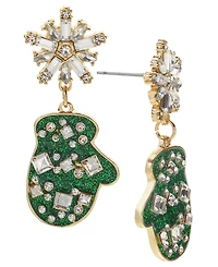 Holiday Lane Gold-Tone Crystal Snowflake & Glitter Mitt Drop Earrings, Created for Macy's