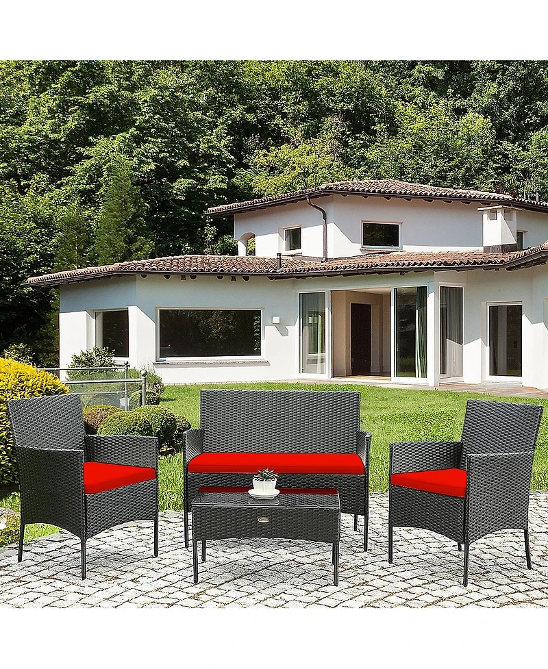Sugift 4 Pieces Patio Rattan Cushioned Sofa Set with Tempered Glass Coffee Table-Red