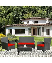 Sugift 4 Pieces Patio Rattan Cushioned Sofa Set with Tempered Glass Coffee Table-Red