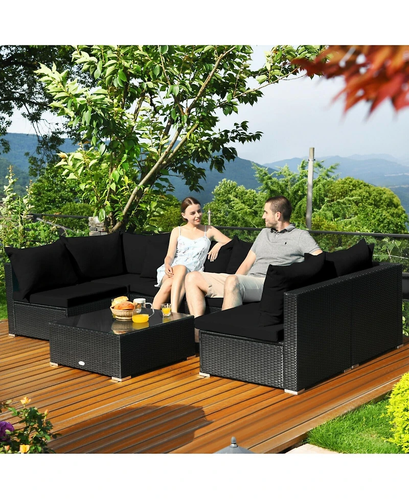 Sugift 7 Pieces Sectional Wicker Furniture Sofa Set with Tempered Glass Top