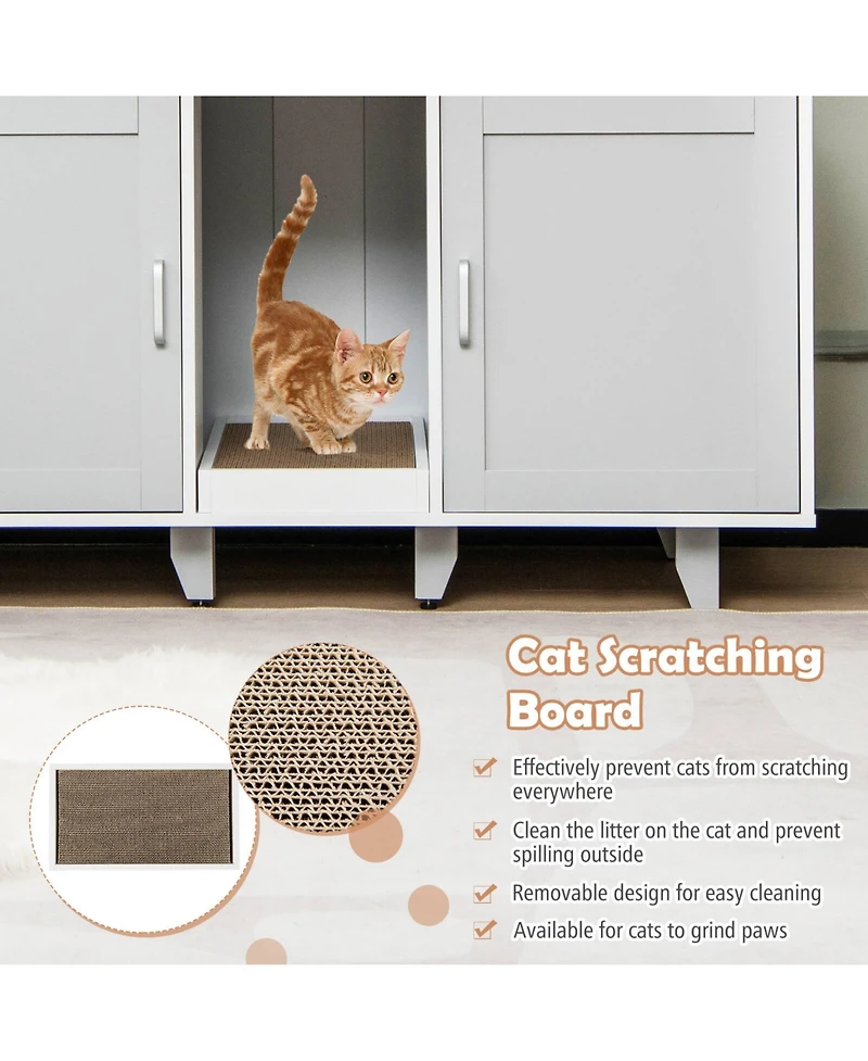 2-Door Cat Litter Box Enclosure with Winding Entry and Scratching Board