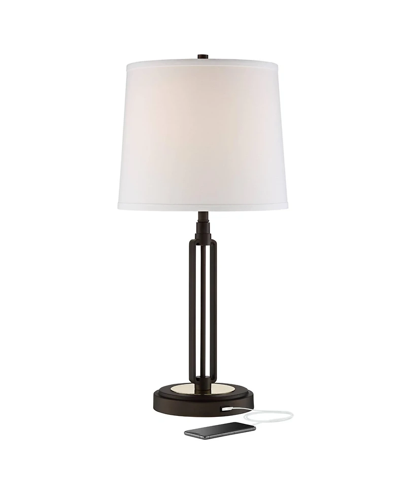 Franklin Iron Works Javier Industrial Table Lamp with Hotel Style Usb Charging Port 24.5" High Iron Bronze White Drum Shade Decor for Living Room Desk