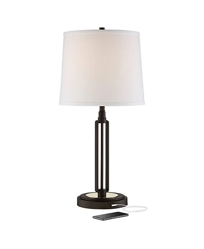Franklin Iron Works Javier Industrial Table Lamp with Hotel Style Usb Charging Port 24.5" High Iron Bronze White Drum Shade Decor for Living Room Desk