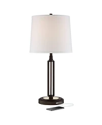 Franklin Iron Works Javier Industrial Table Lamp with Hotel Style Usb Charging Port 24.5" High Iron Bronze White Drum Shade Decor for Living Room Desk