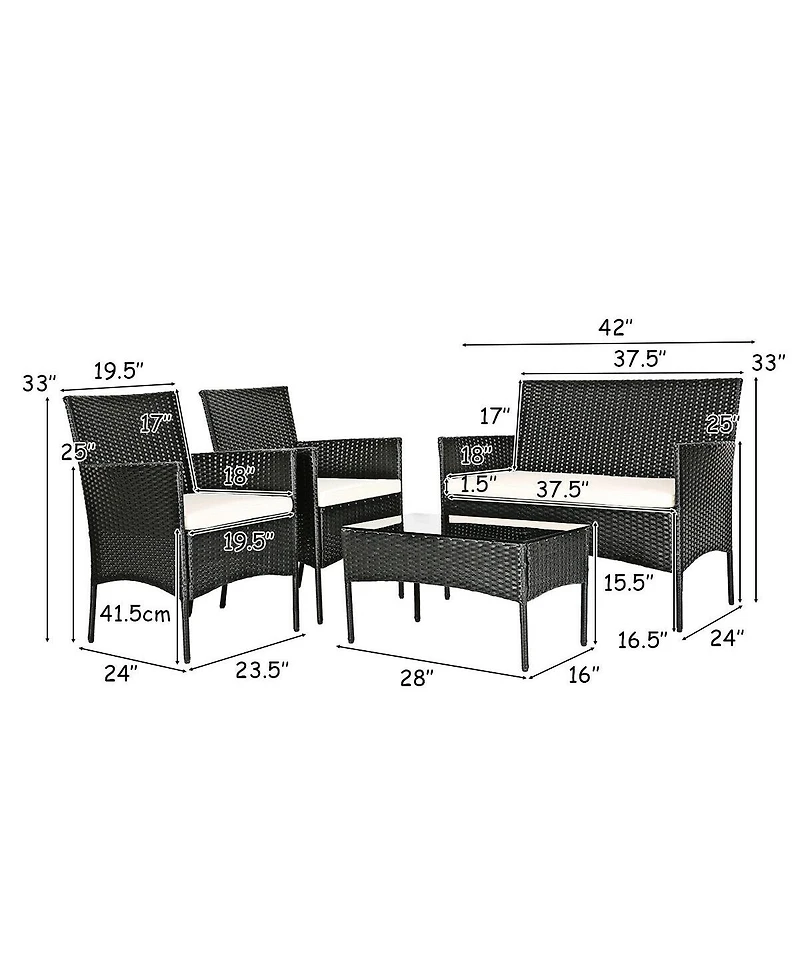 Sugift 4 Pieces Patio Rattan Cushioned Conversation Sets with Tempered Glass Coffee Table