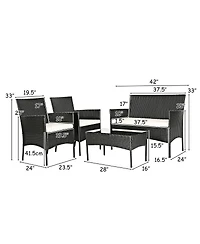 Sugift 4 Pieces Patio Rattan Cushioned Conversation Sets with Tempered Glass Coffee Table