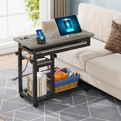 Tribesigns Small Portable Desk with Power Outlet, Height Adjustable Sofa Couch Bedside Laptop Table Wheels, Mobile Standing Rolling Computer