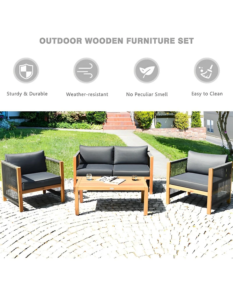 Sugift 4 Pieces Acacia Wood Sofa Set with Cushions for Outdoor Patio-Grey