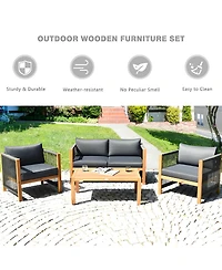 Sugift 4 Pieces Acacia Wood Sofa Set with Cushions for Outdoor Patio-Grey