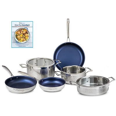 Blue Jean Chef 9-Piece Stainless Steel Cookware Set, Hammered Finish, Tri-Ply Construction Clad Cookware, Nonstick Induction, Oven & Dishwasher Safe