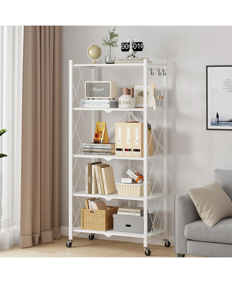 Sugift 5-Tier Folding Storage Shelves Metal Folding Shelves with Wheels, 750Lbs Capacity, White