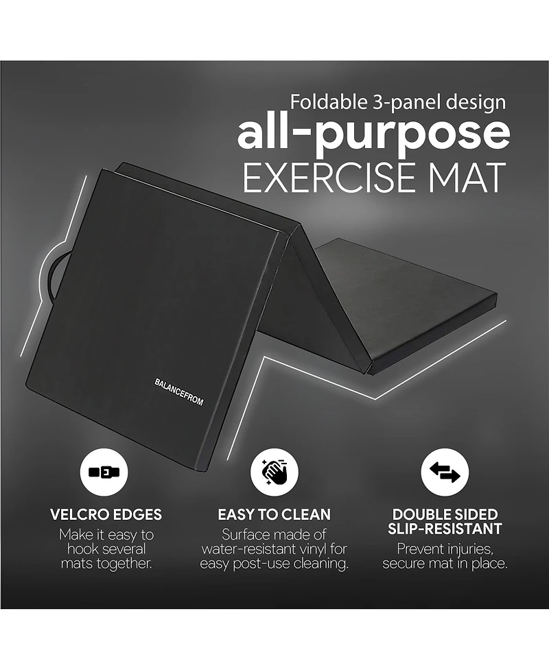 BalanceFrom Fitness GoGym 6x2ft Folding 3 Panel Exercise Mat with Handles, Black