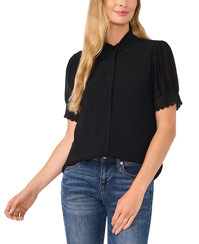 CeCe Women's Scalloped Puff-Sleeve Button-Front Top