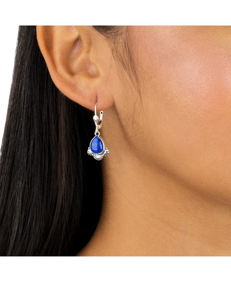 American West Jewelry Sterling Silver and Pear Shape Denim Lapis Gemstone Fan Lever Back Earrings
