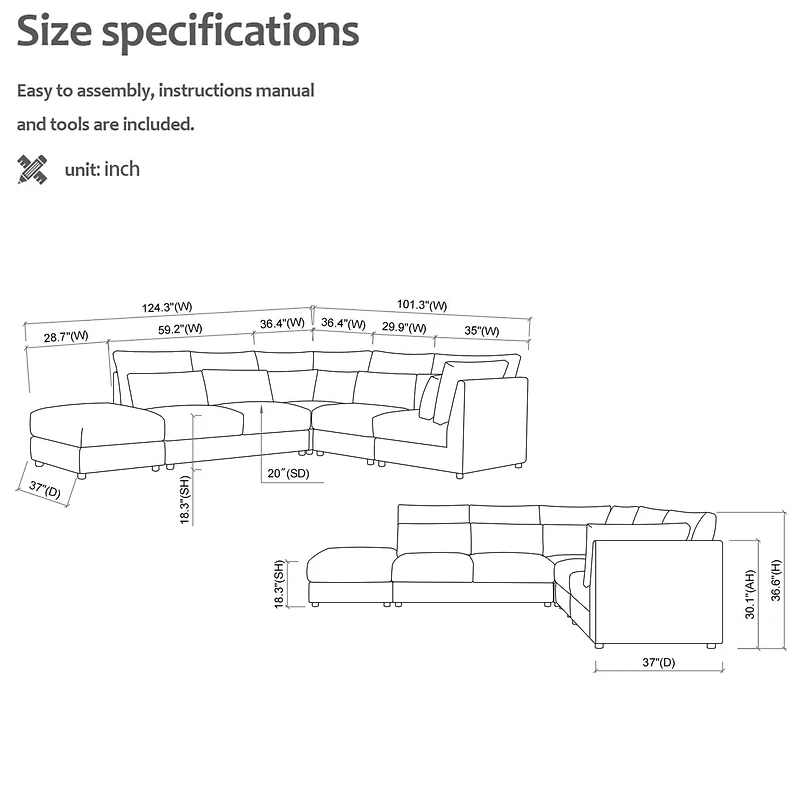 Sugift 5 - Piece Upholstered Sectional, Sofa Set