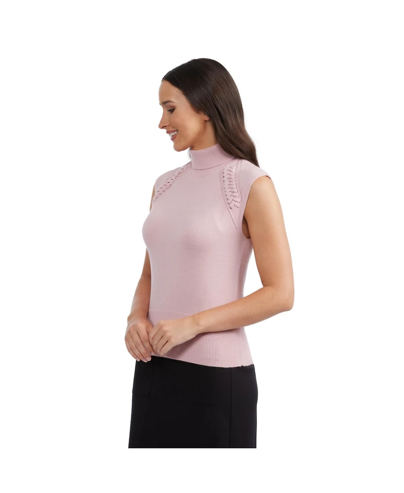Ellen Tracy Women's Sleeveless Turtleneck Sweater with Braid Detail