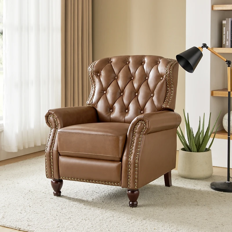 Justine Wooden Upholstery Genuine Leather Recliner with Tufted Back