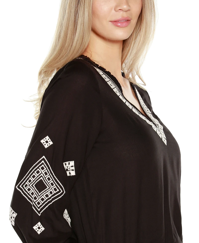Belldini Black Label Women's Embroidered Blouson Sleeve V-Neck Blouse Top