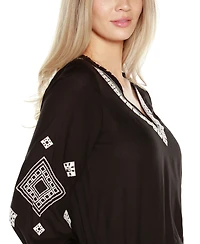Belldini Black Label Women's Embroidered Blouson Sleeve V-Neck Blouse Top