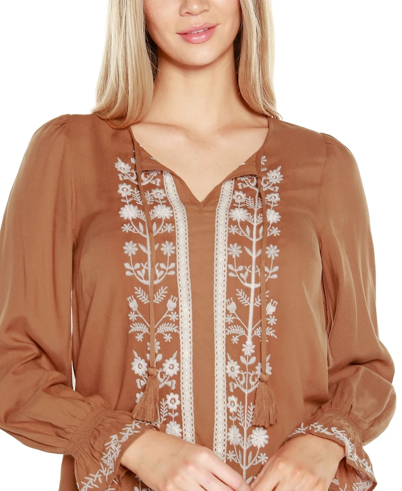 Belldini Black Label Women's Tie-Neck Embroidered-Front Blouse Top