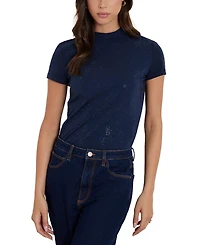 Guess Women's Rhinestone-Logo Mock-Neck Short-Sleeve Top