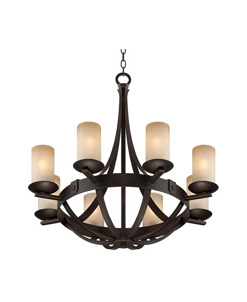 Franklin Iron Works Sperry Industrial Bronze Chandelier 28" Wide Rustic Farmhouse Cylinder Scavo Glass 8-Light Fixture for Dining Room House Foyer Kit