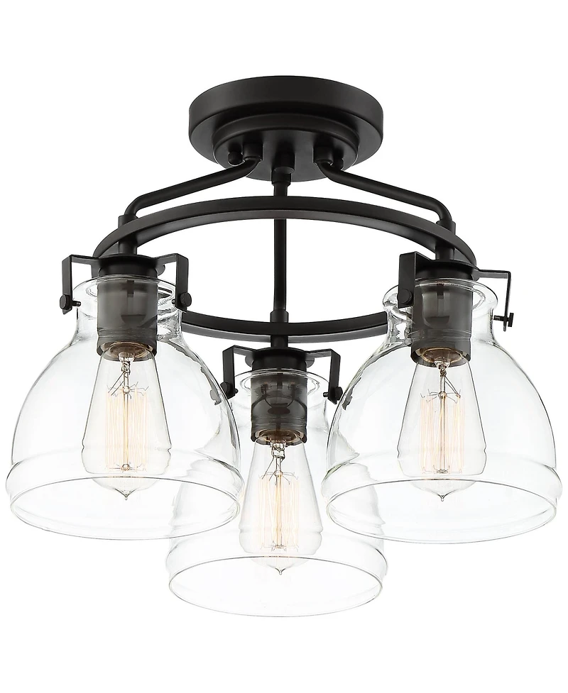 Possini Euro Design Industrial Rustic Farmhouse Ceiling Light Semi Flush Mount Fixture 14 1/2" Wide Bronze 3-Light Clear Glass Shade for Bedroom