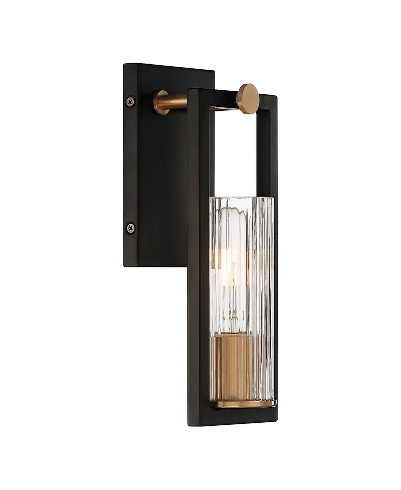 Stiffel Industrial Modern Wall Light Sconces Set of 2 Black Warm Brass Hardwired 4 1/2" Fixture Clear Ribbed Glass Shade for Bedroom Bathroom Van