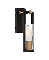 Stiffel Industrial Modern Wall Light Sconces Set of 2 Black Warm Brass Hardwired 4 1/2" Fixture Clear Ribbed Glass Shade for Bedroom Bathroom Van
