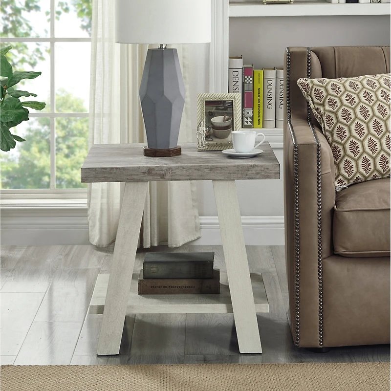 Streamdale Furniture Two-Tone Wood Shelf End Table in Weathered Gray and Beige