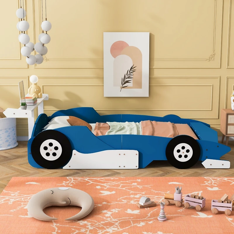 Streamdale Full Race Car-Shaped Platform Bed With Wheels, Blue