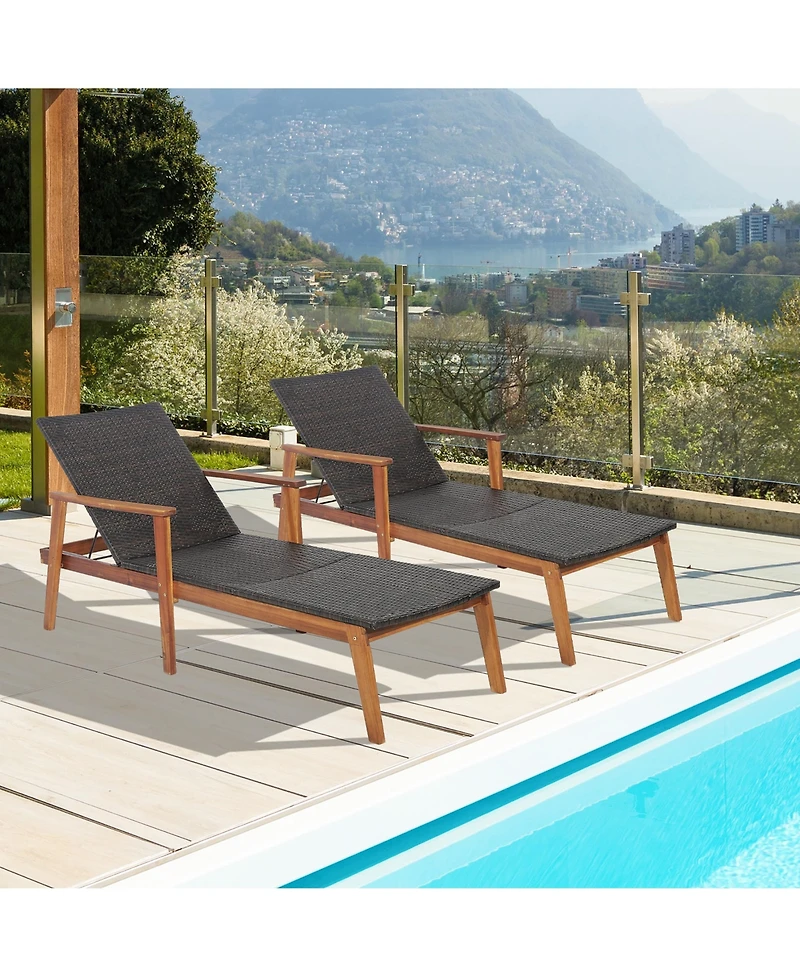 Gymax 2PCS Adjustable Patio Rattan Lounge Chair Recliner Outdoor Chaise Acacia Wood Frame