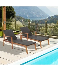 Gymax 2PCS Adjustable Patio Rattan Lounge Chair Recliner Outdoor Chaise Acacia Wood Frame