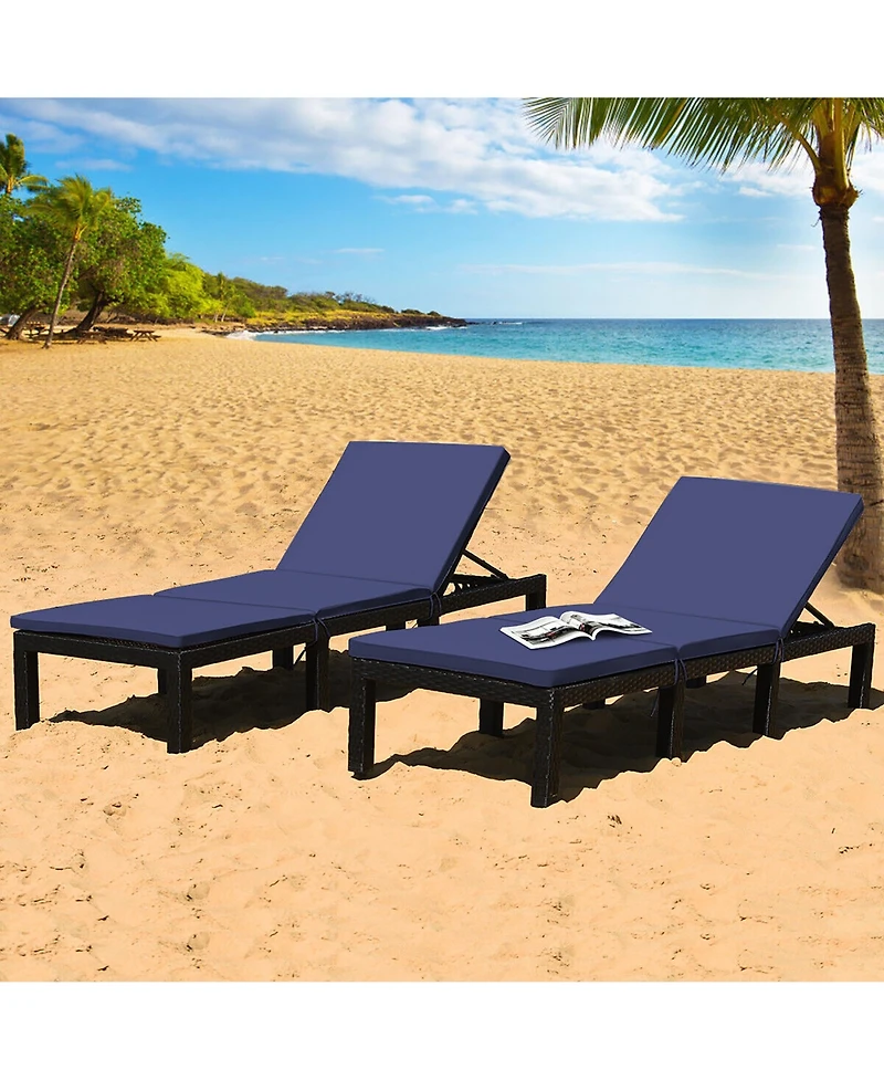 Gymax 2PCS Patio Lounge Chair Rattan Chaise w/ Adjustable Red & Off White Cushioned