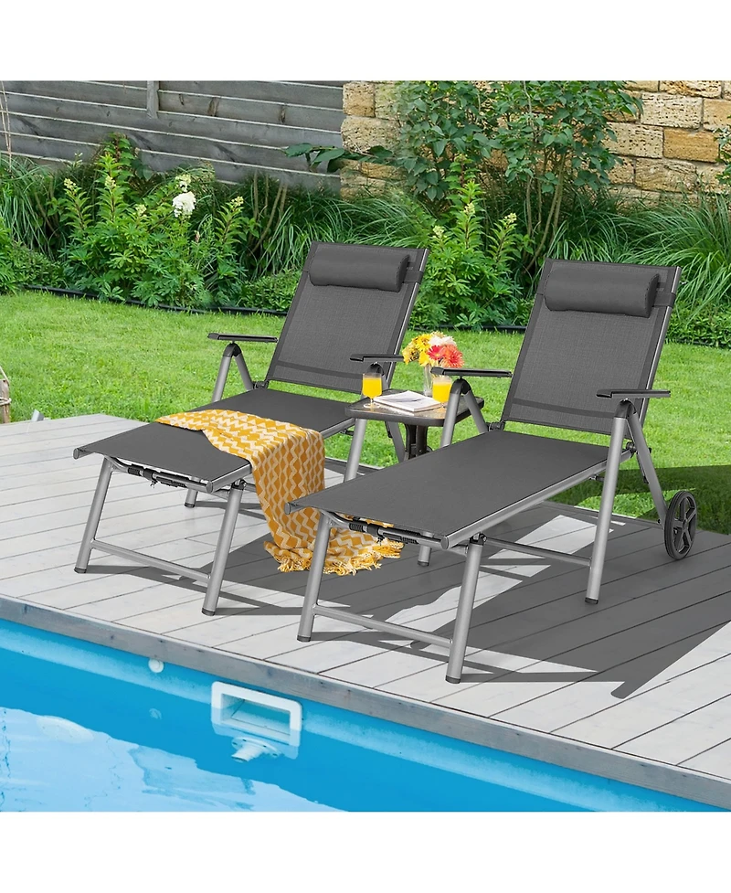 Gymax 2PCS Patio Recliner Chair Outdoor Adjustable Folding Chaise Lounge Chair w/ 2 Wheels