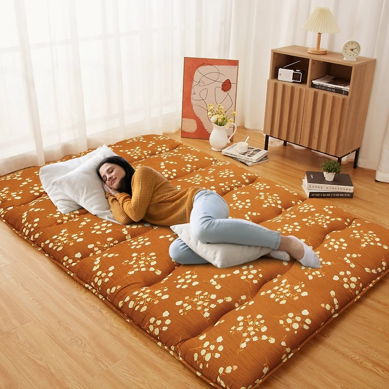 Caromio Futon Mattress Full Size, Floral Print Floor Mattress Pad Portable Dorm Sleeping Pad, 54"x 80"