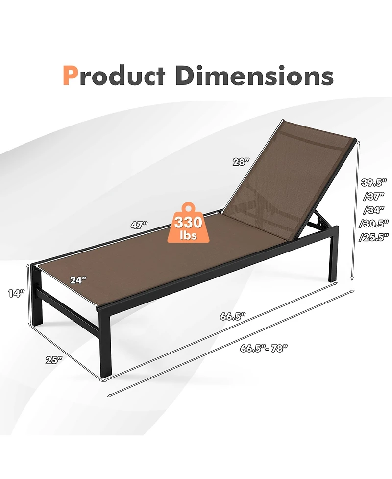 Gymax Set of 2 Aluminum Patio Chaise Lounge Outdoor Adjustable Lounge Chair W/ 6-Position Backrest