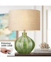 360 Lighting Modern Table Lamp with Usb Charging Port 20.5" High Green Ribbed Ceramic Oatmeal Fabric Drum Shade for Bedroom Desk (Color May Vary)