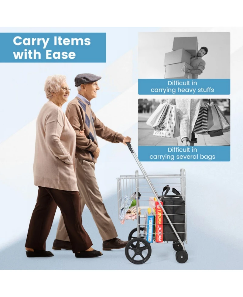 Sugift Folding Shopping Cart with Swiveling Wheels and Dual Storage Baskets
