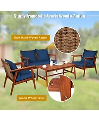Slickblue 4 Piece Acacia Wood Patio Rattan Furniture Set