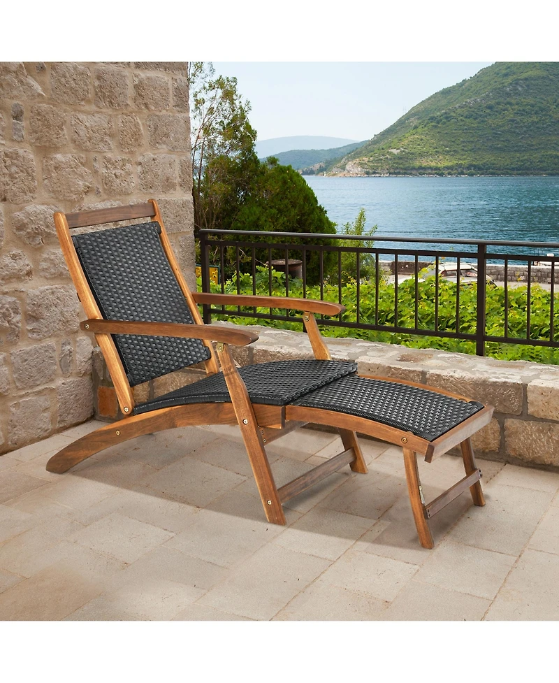 Gymax Set of 2 Folding Patio Acacia Wood Deck Chair Rattan Chaise Lounge Chair w/ Footrest