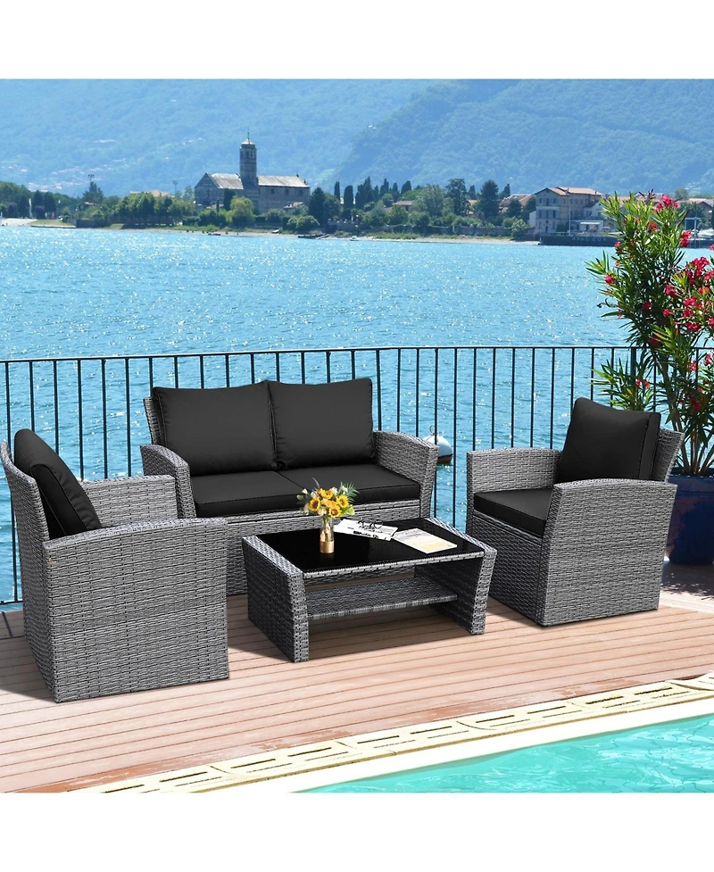Slickblue 4 Pieces Patio Rattan Furniture Set Sofa Table with Storage Shelf Cushion