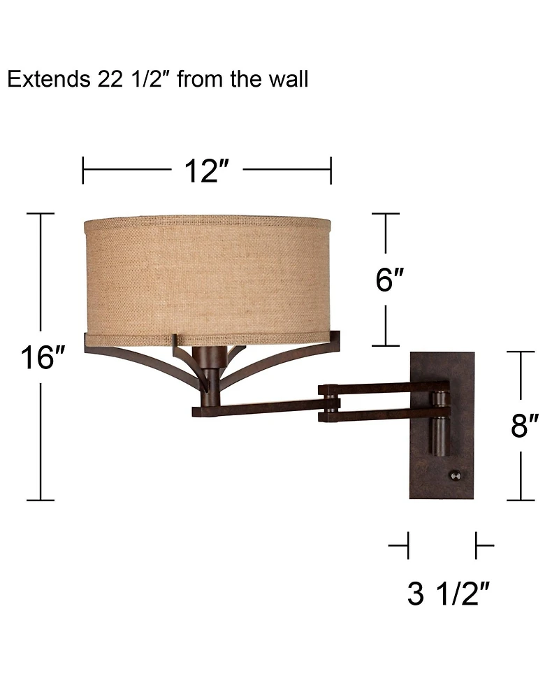 Franklin Iron Works Tremont Rustic Farmhouse Swing Arm Wall Lamp Bronze Plug-in Light Fixture Tan Burlap Drum Shade for Bedroom Bedside Living Room