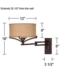 Franklin Iron Works Tremont Rustic Farmhouse Swing Arm Wall Lamp Bronze Plug-in Light Fixture Tan Burlap Drum Shade for Bedroom Bedside Living Room